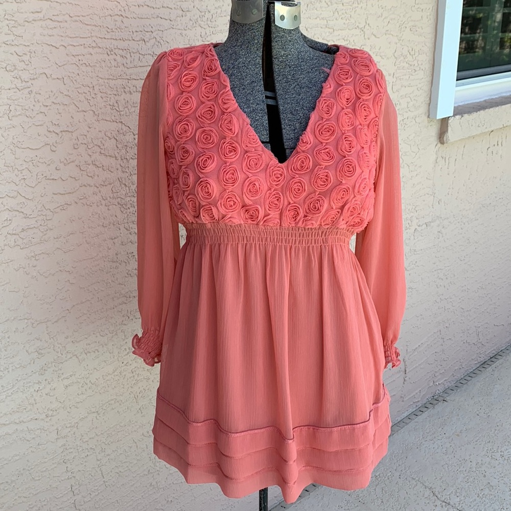 Beige brand slip on coral top with floral embellishment and sheer sleeves - NEW